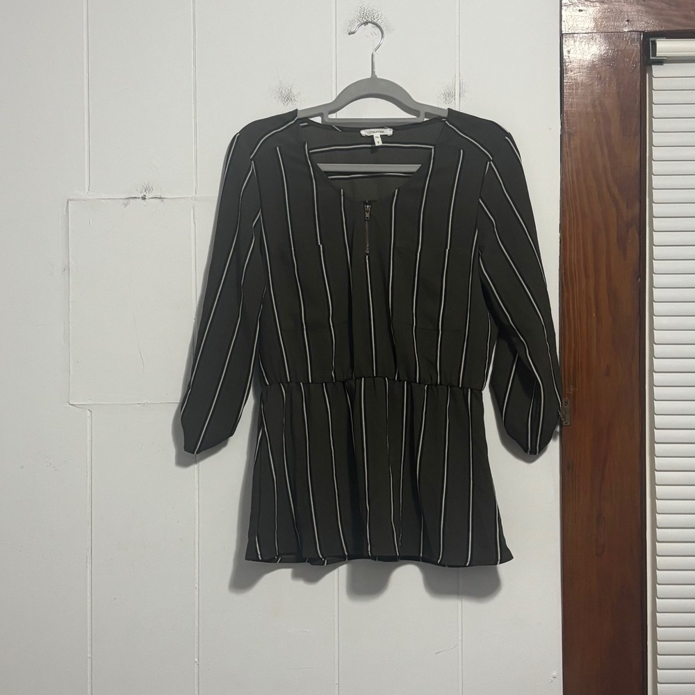maurices Olive Green‎ White Pinstripe Quarter Zip Peplum Top Size S
